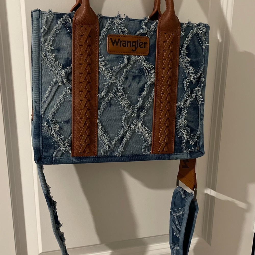 Wrangler Blue Denim Tote with Brown Leather Straps